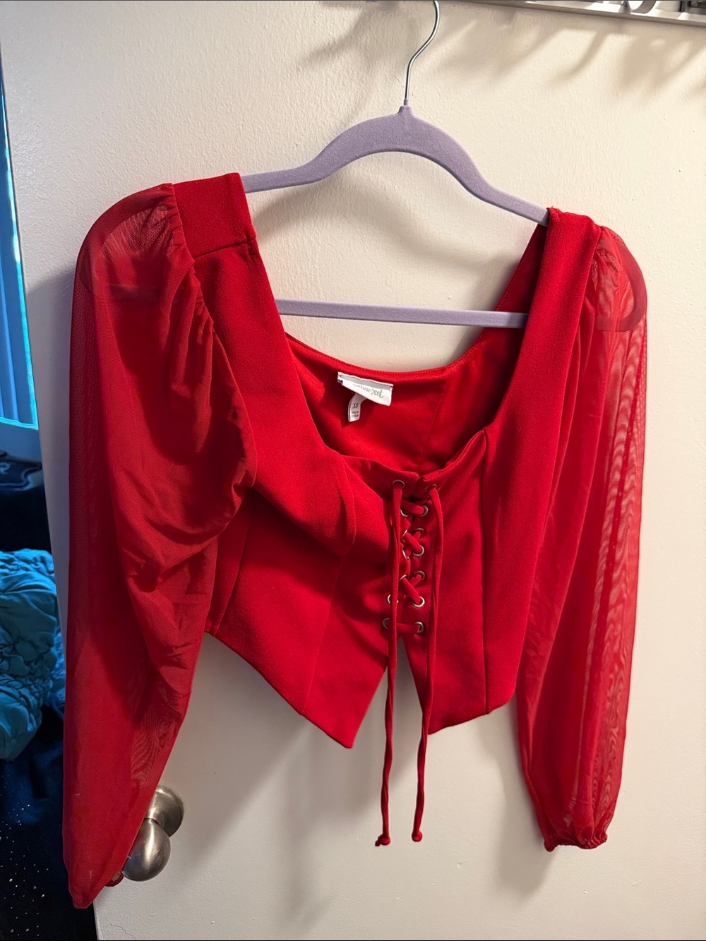 Red Lace-Up Puff Sleeve Crop Blouse — Women